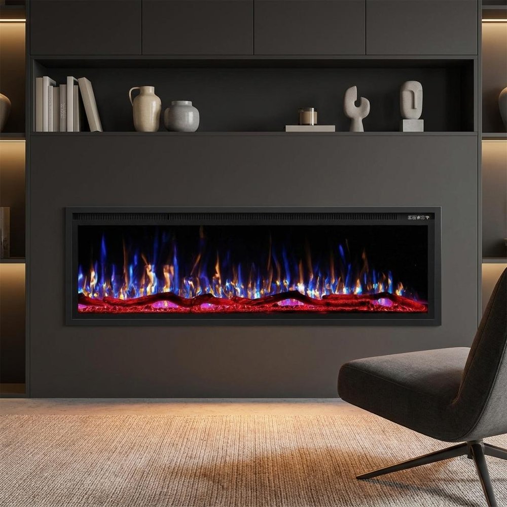 60" Black And Red Metal Electric Fireplace Insert With LED