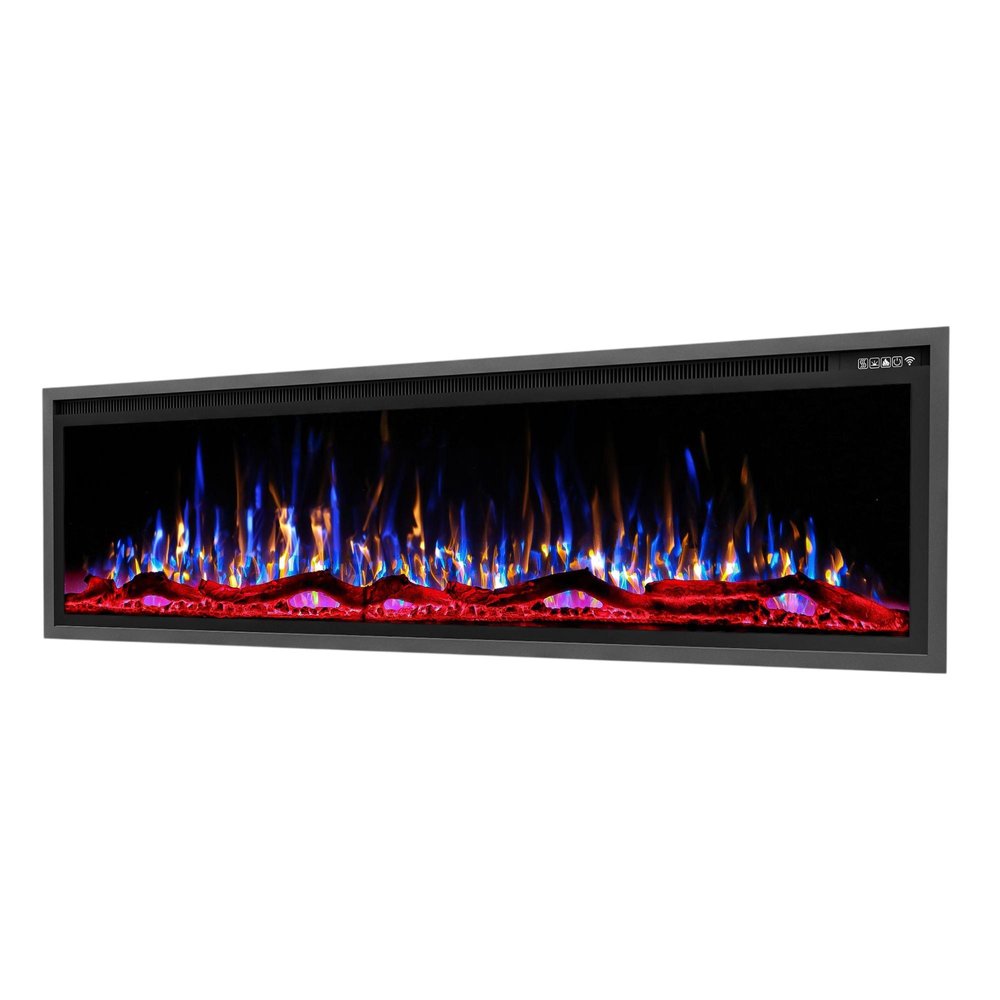 72" Black And Red Metal Free Standing Electric Fireplace With LED
