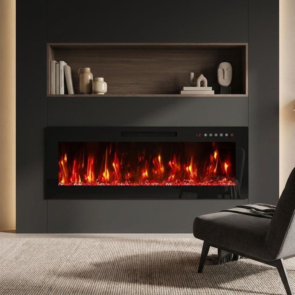 42" Black And Red Metal Electric Fireplace Insert With LED