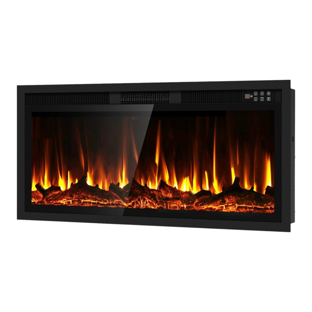 42" Black And Red Metal Electric Fireplace Insert With LED