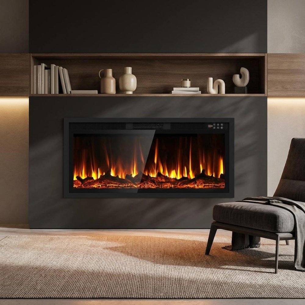 42" Black And Red Metal Electric Fireplace Insert With LED
