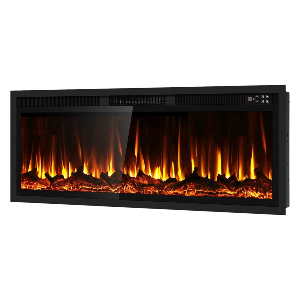 50" Black And Red Metal Electric Fireplace Insert With LED