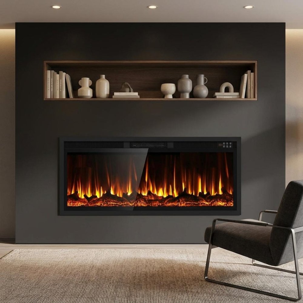 50" Black And Red Metal Electric Fireplace Insert With LED