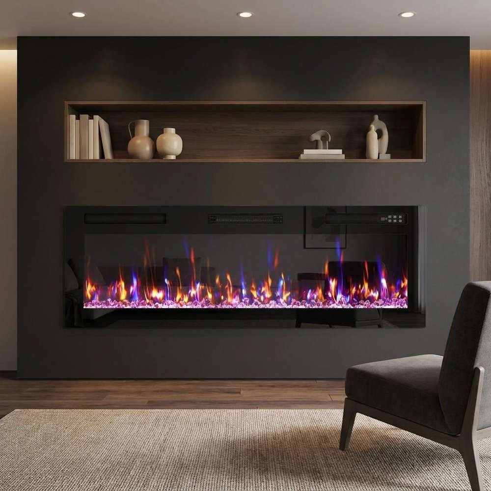 50" Black And Red Faux Crystals Metal Electric Fireplace Insert With LED