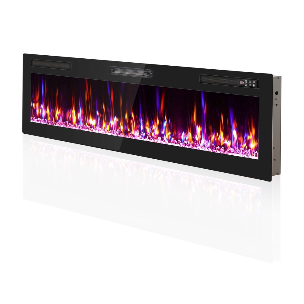 60" Black And Red Faux Crystals Metal Electric Fireplace Insert With LED