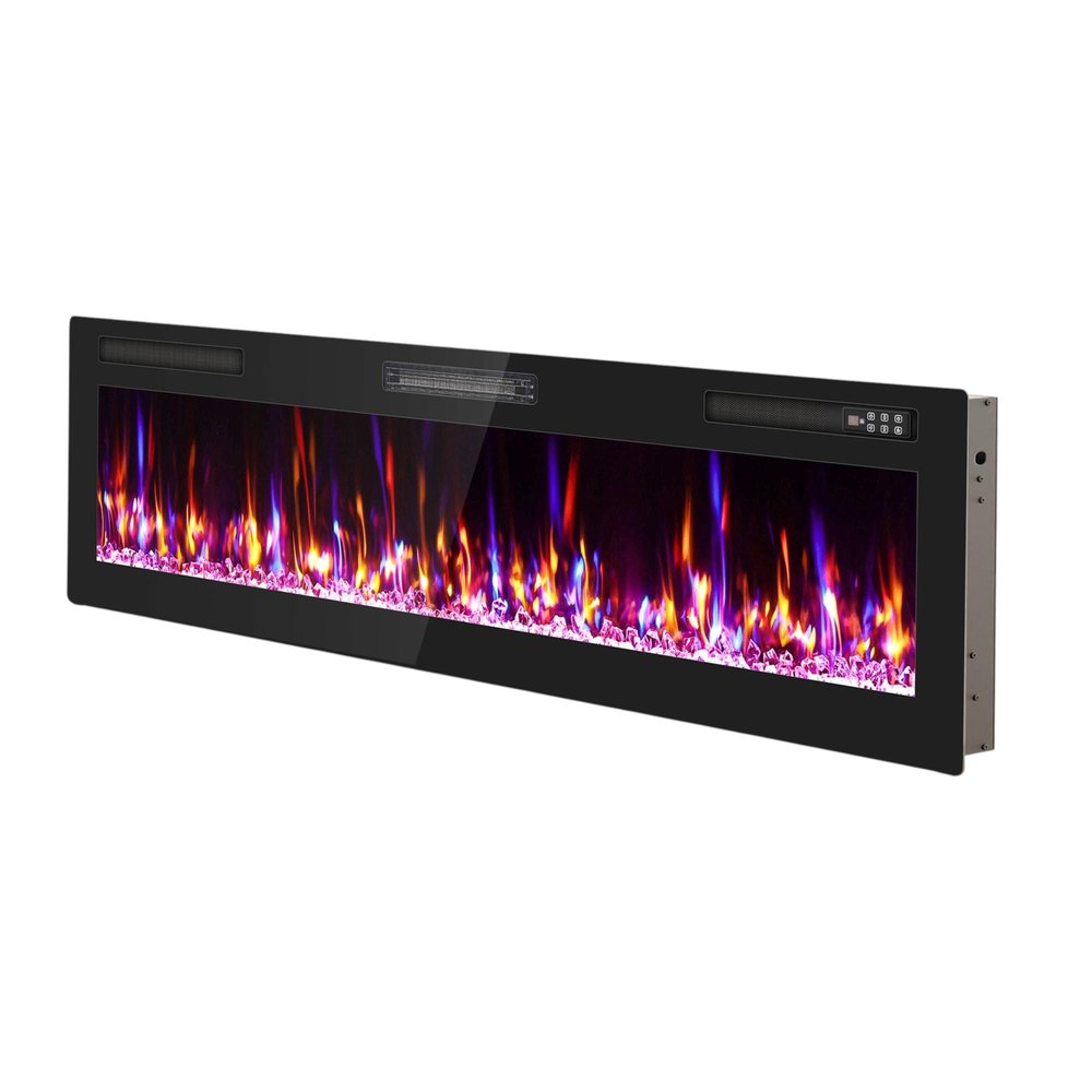 60" Black And Red Faux Crystals Metal Electric Fireplace Insert With LED
