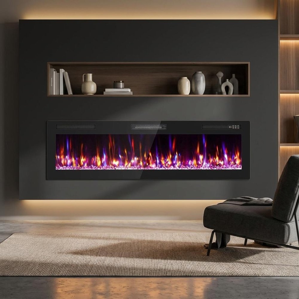 60" Black And Red Faux Crystals Metal Electric Fireplace Insert With LED