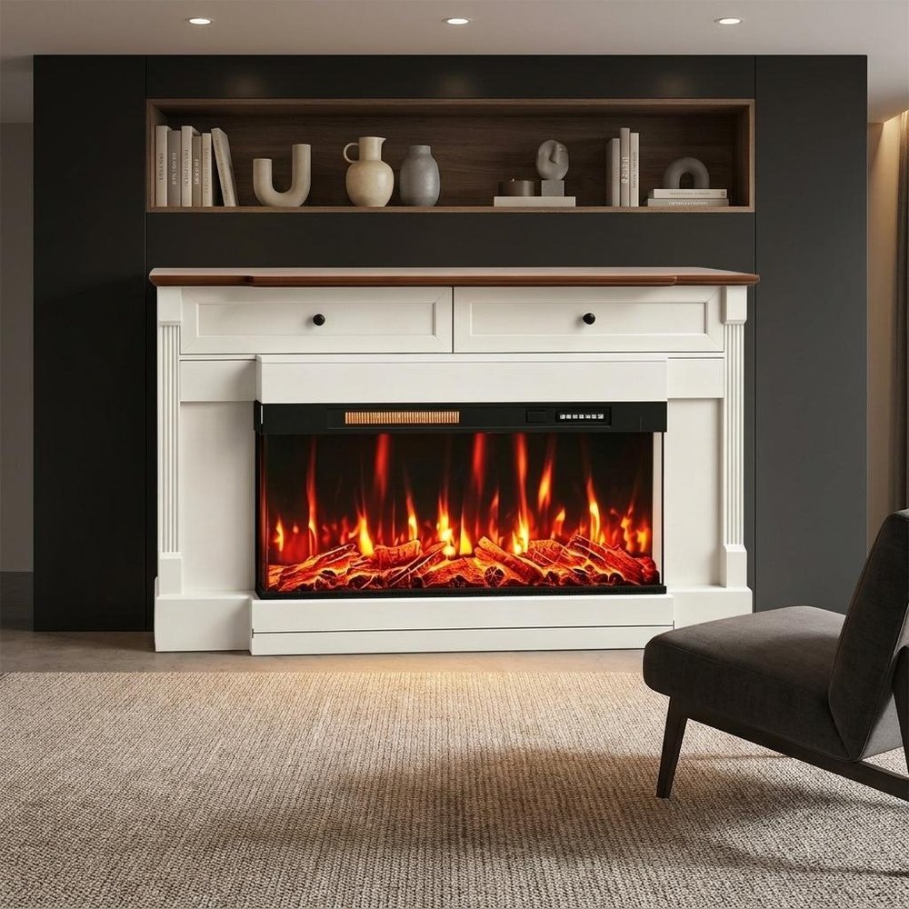 61" Black And Red Metal Electric Fireplace Insert With Mantle With LED