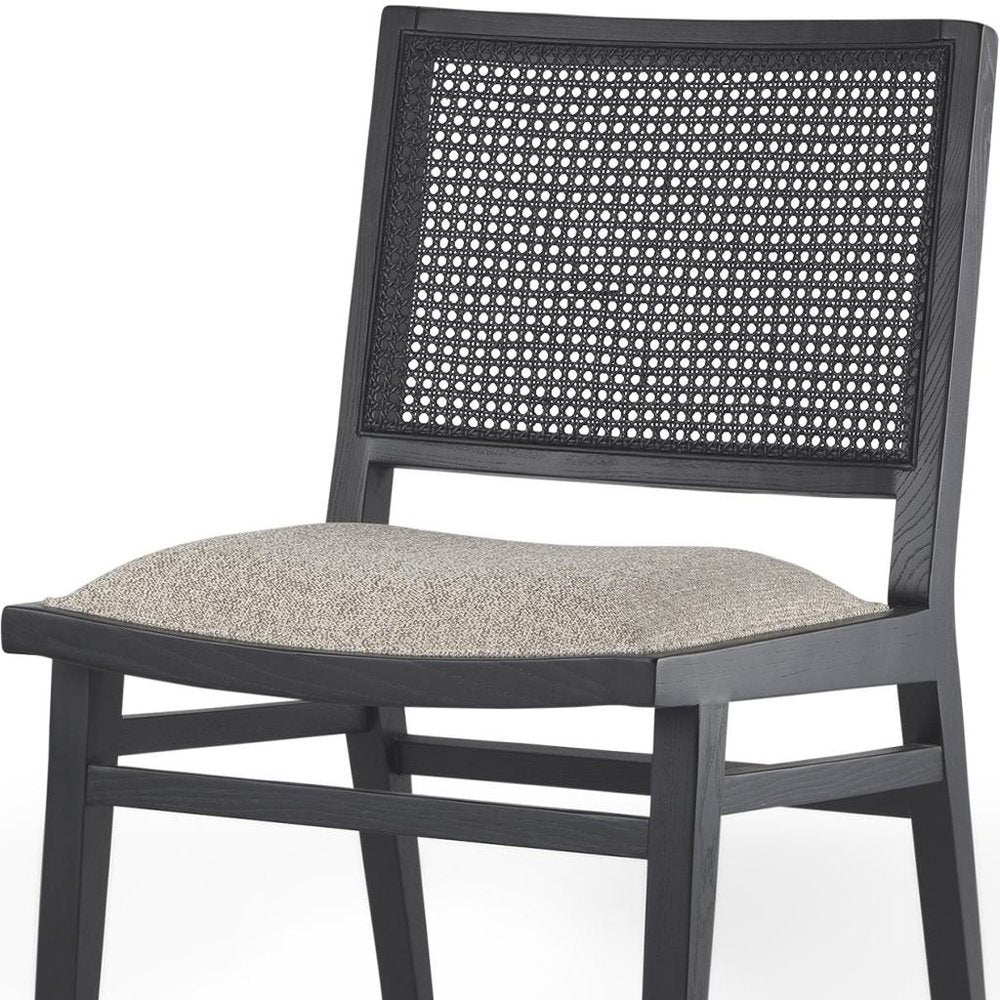 Set of Two Beige And Black Fabric And Solid Wood Partially Open Back Dining Side Chairs