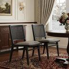 Set of Two Beige And Black Fabric And Solid Wood Partially Open Back Dining Side Chairs
