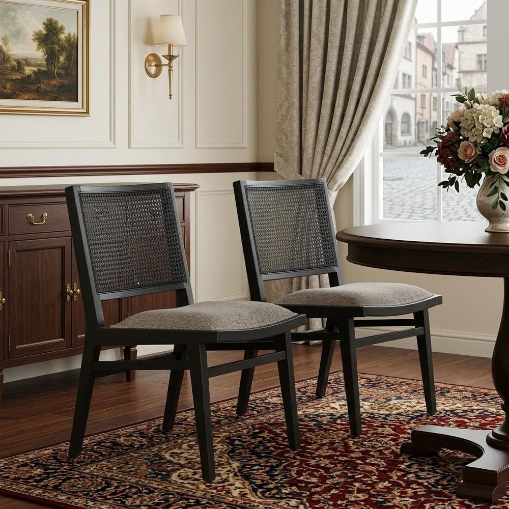 Set of Two Beige And Black Fabric And Solid Wood Partially Open Back Dining Side Chairs