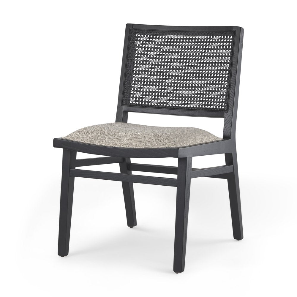 Set of Two Beige And Black Fabric And Solid Wood Partially Open Back Dining Side Chairs