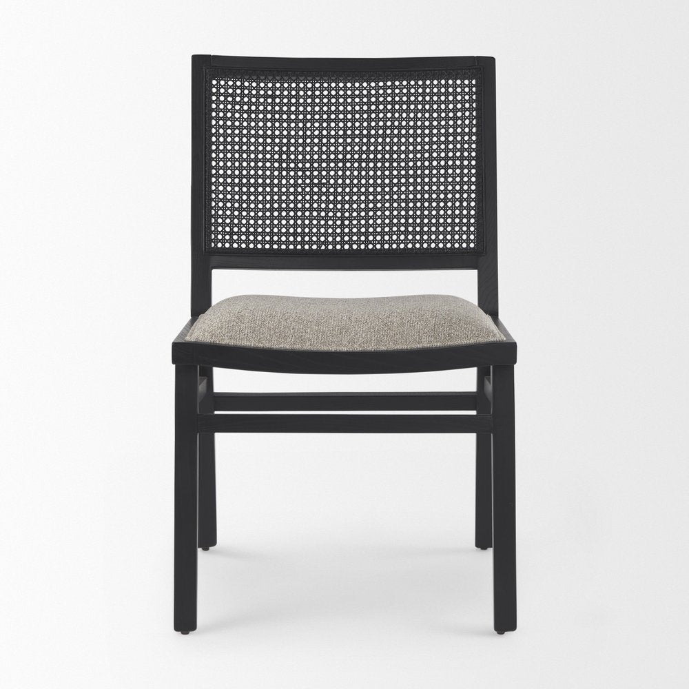 Set of Two Beige And Black Fabric And Solid Wood Partially Open Back Dining Side Chairs