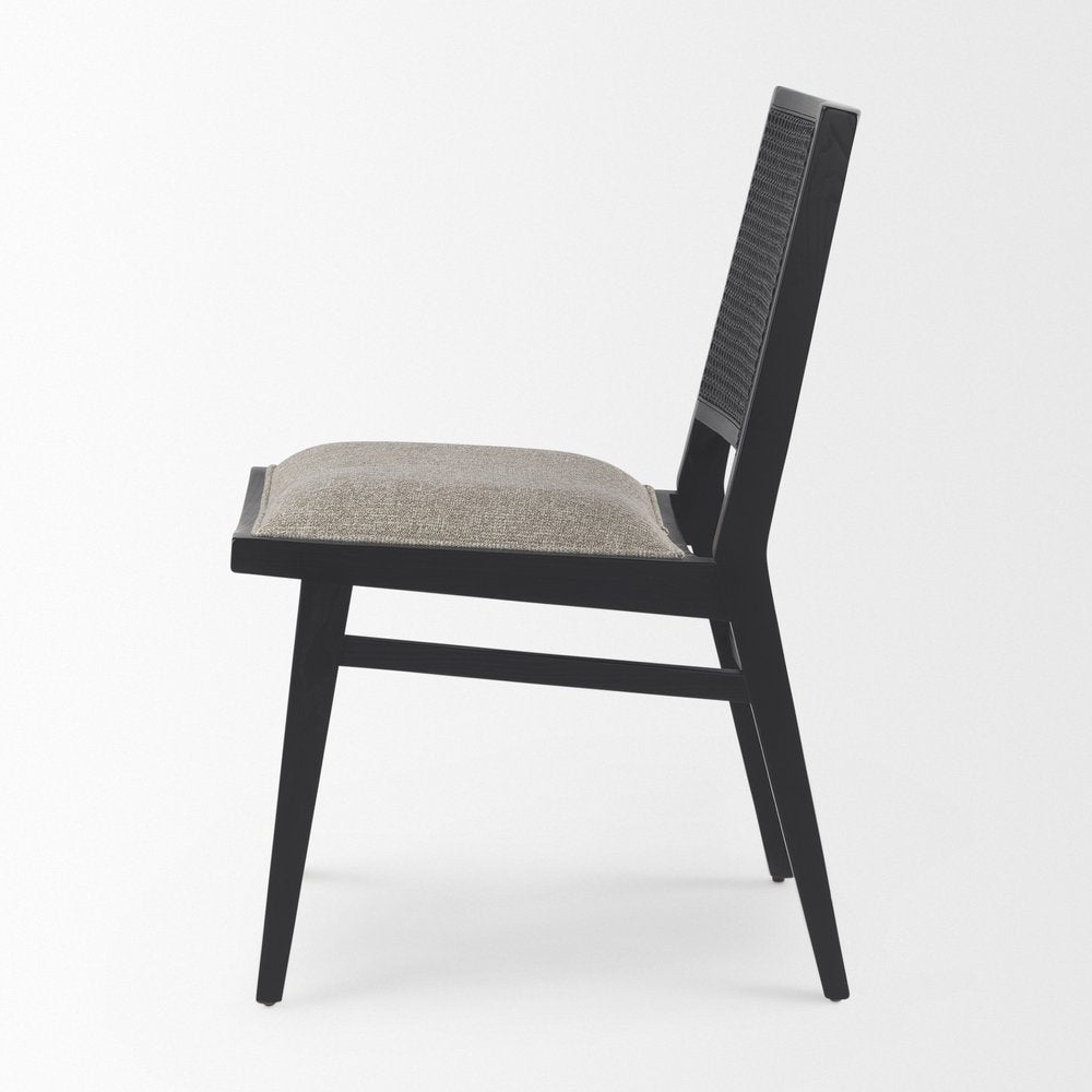 Set of Two Beige And Black Fabric And Solid Wood Partially Open Back Dining Side Chairs