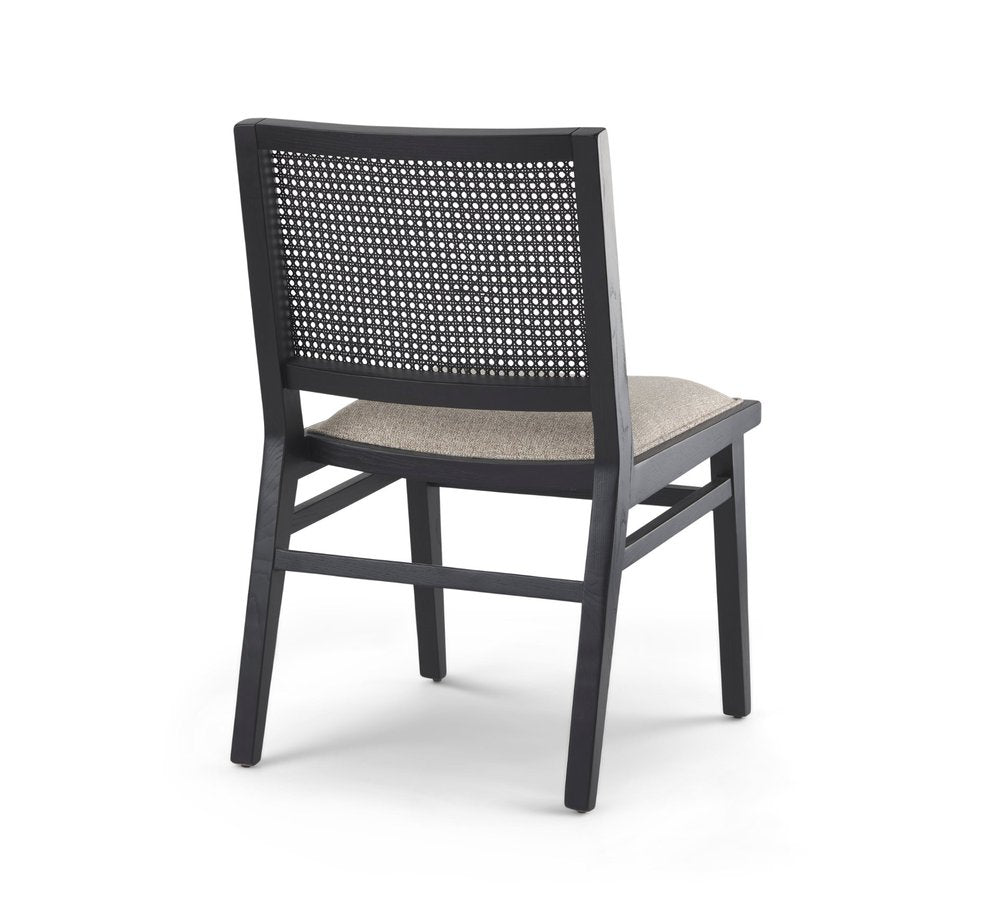 Set of Two Beige And Black Fabric And Solid Wood Partially Open Back Dining Side Chairs
