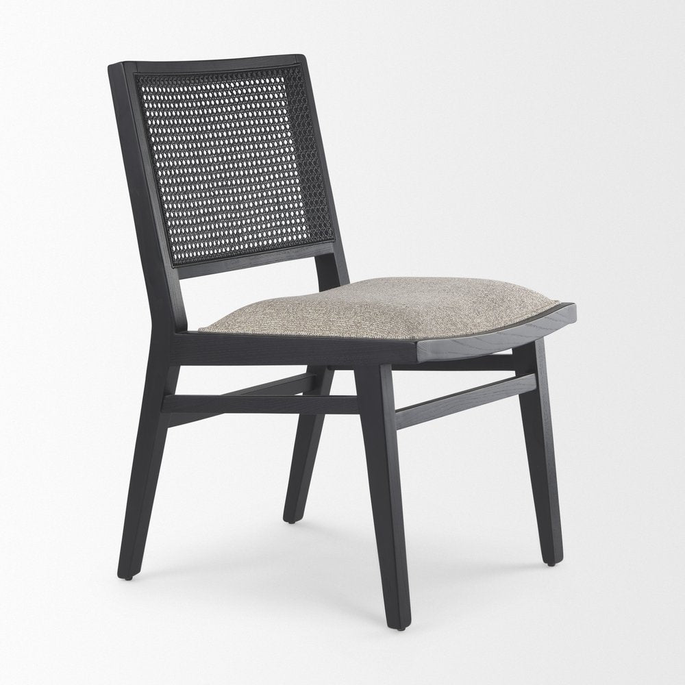 Set of Two Beige And Black Fabric And Solid Wood Partially Open Back Dining Side Chairs