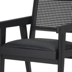Black Leather And Solid Wood Partially Open Back Dining Arm Chair