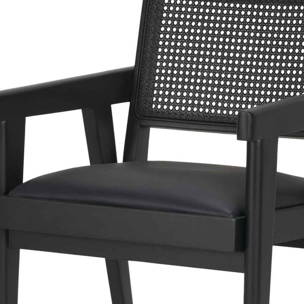 Black Leather And Solid Wood Partially Open Back Dining Arm Chair
