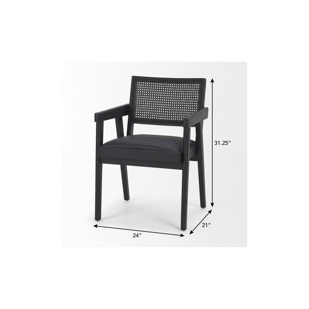 Black Leather And Solid Wood Partially Open Back Dining Arm Chair