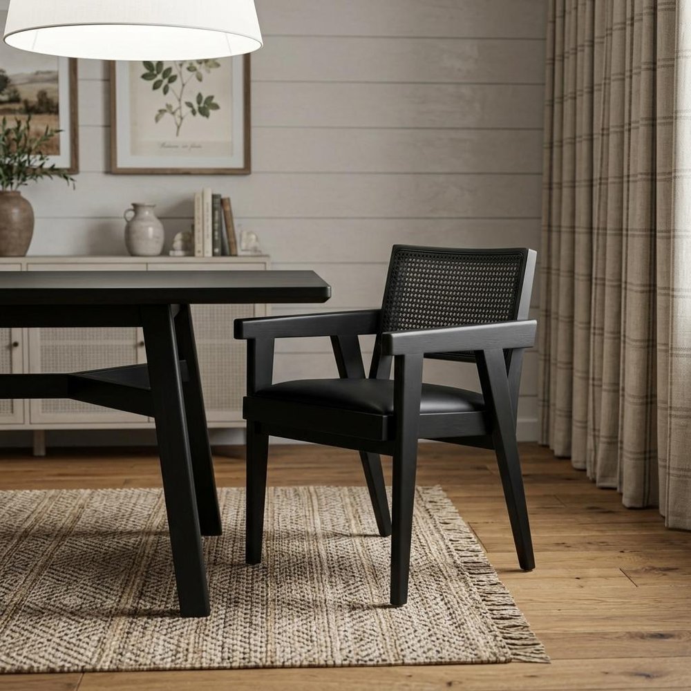 Black Leather And Solid Wood Partially Open Back Dining Arm Chair