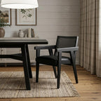 Black Leather And Solid Wood Partially Open Back Dining Arm Chair
