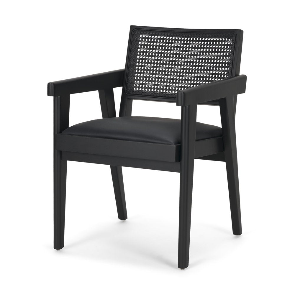 Black Leather And Solid Wood Partially Open Back Dining Arm Chair