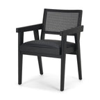 Black Leather And Solid Wood Partially Open Back Dining Arm Chair