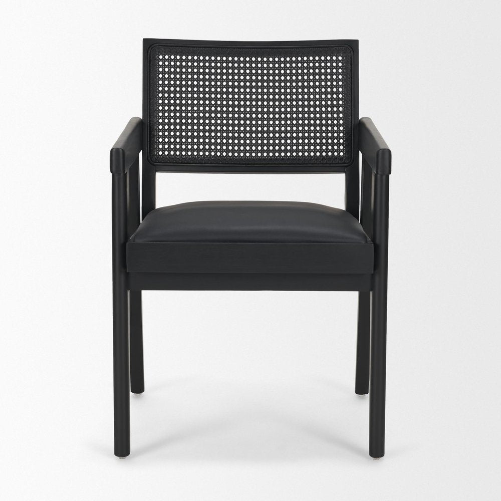 Black Leather And Solid Wood Partially Open Back Dining Arm Chair