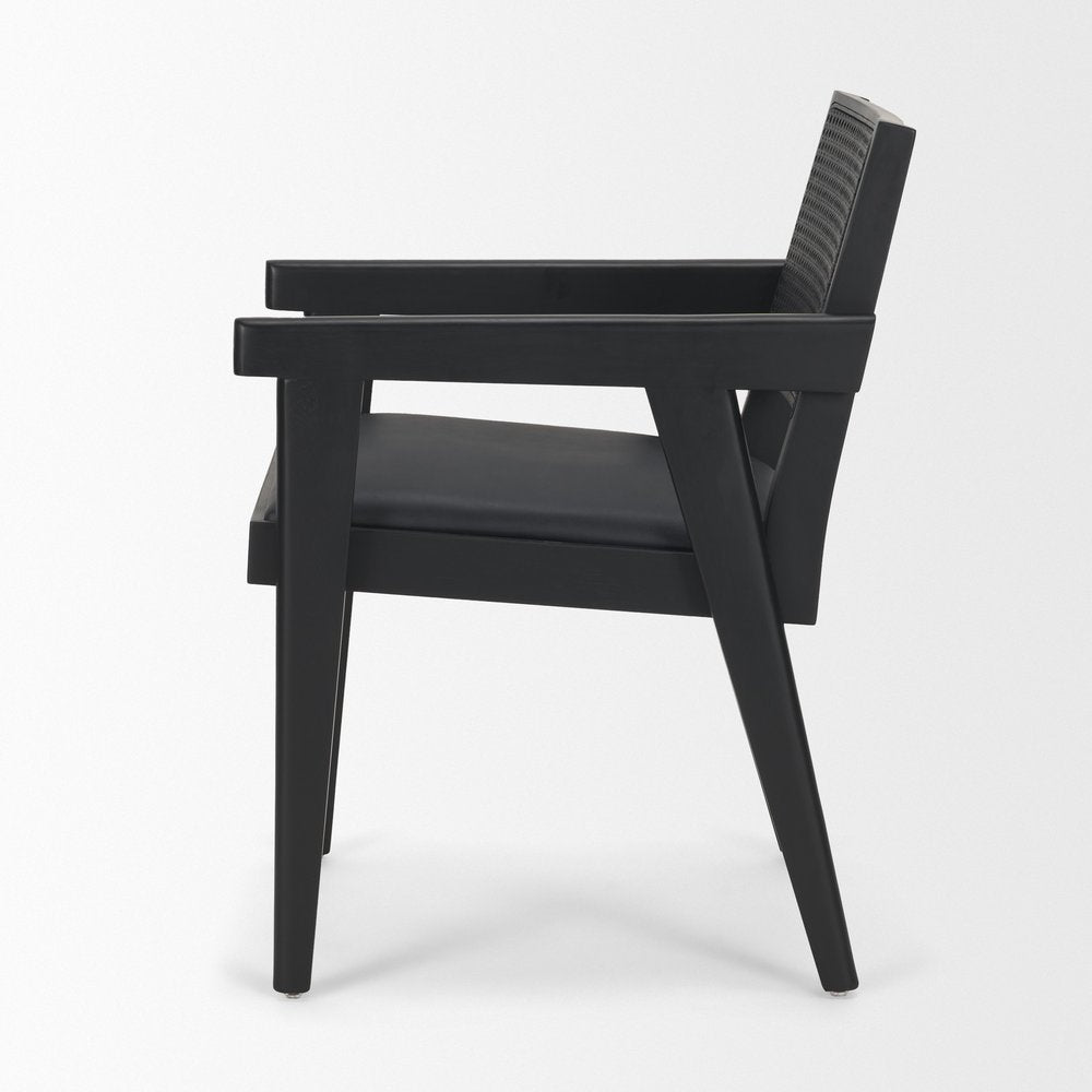Black Leather And Solid Wood Partially Open Back Dining Arm Chair