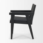 Black Leather And Solid Wood Partially Open Back Dining Arm Chair