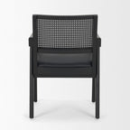 Black Leather And Solid Wood Partially Open Back Dining Arm Chair