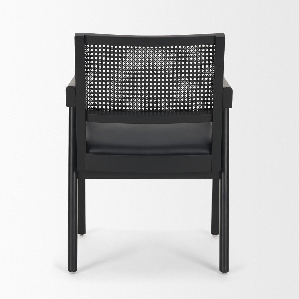 Black Leather And Solid Wood Partially Open Back Dining Arm Chair