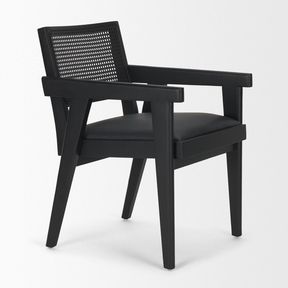 Black Leather And Solid Wood Partially Open Back Dining Arm Chair