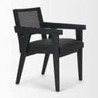 Black Leather And Solid Wood Partially Open Back Dining Arm Chair