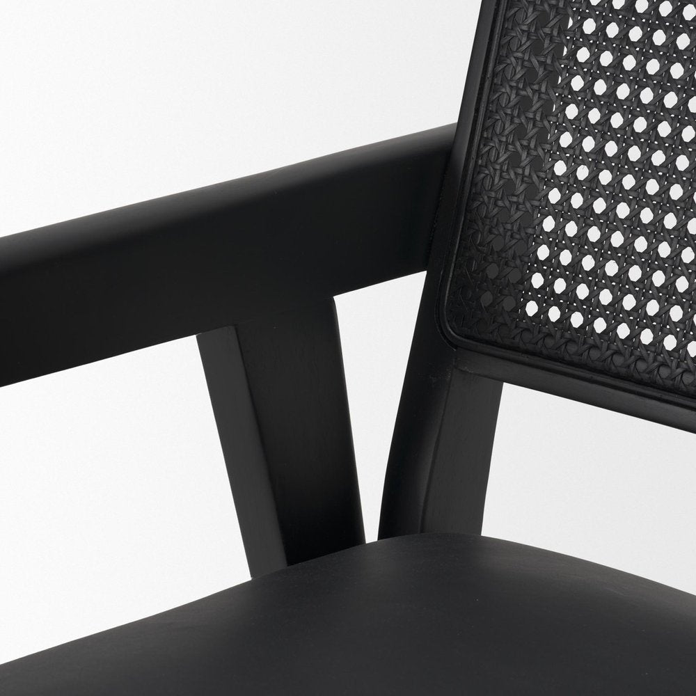 Black Leather And Solid Wood Partially Open Back Dining Arm Chair