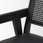 Black Leather And Solid Wood Partially Open Back Dining Arm Chair
