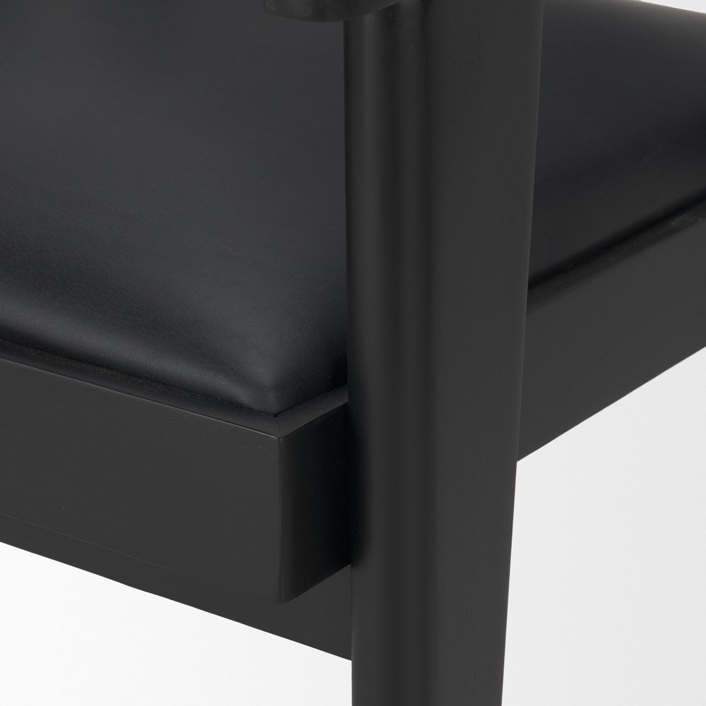 Black Leather And Solid Wood Partially Open Back Dining Arm Chair
