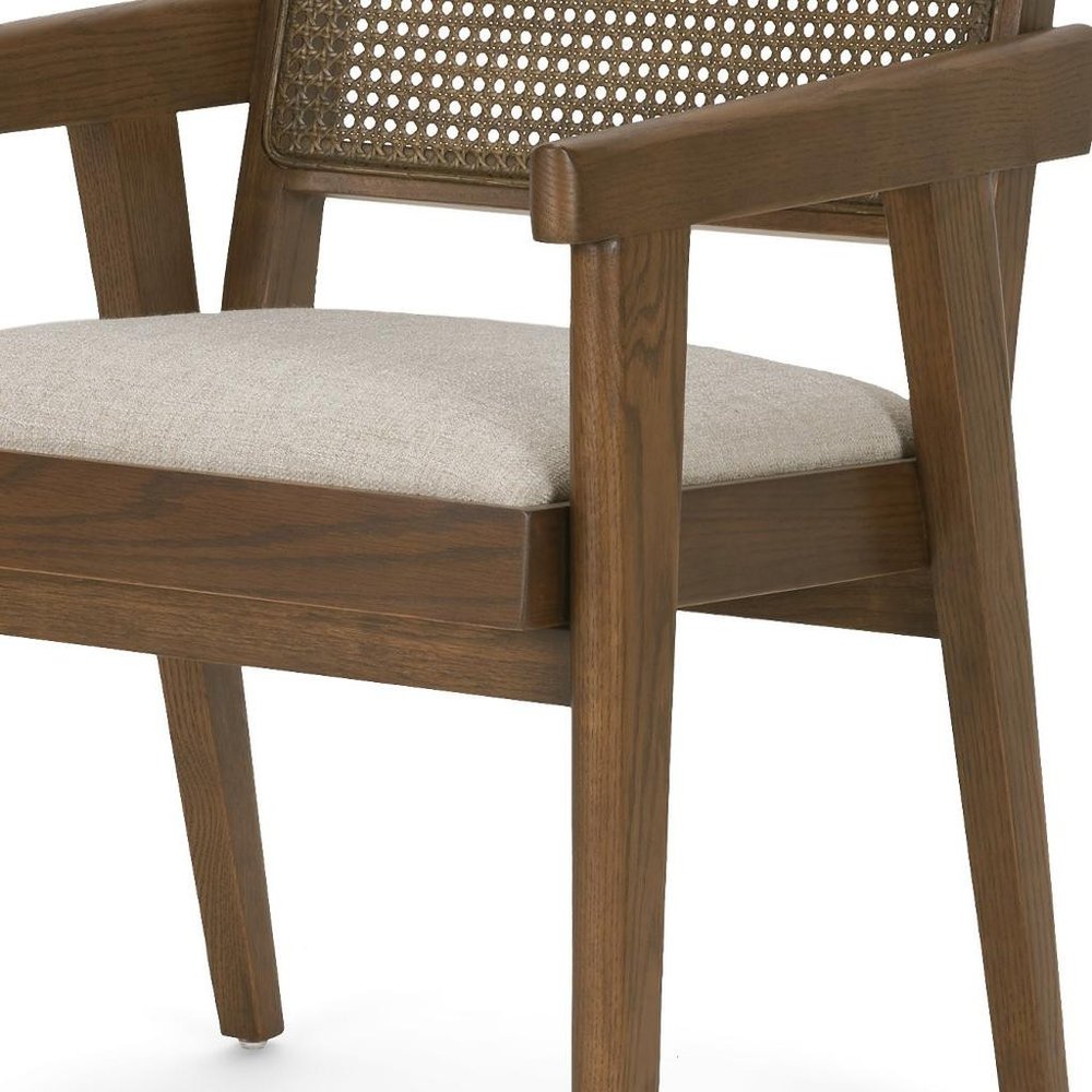 Black Leather And Solid Wood Partially Open Back Dining Arm Chair