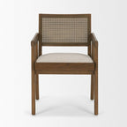 Black Leather And Solid Wood Partially Open Back Dining Arm Chair
