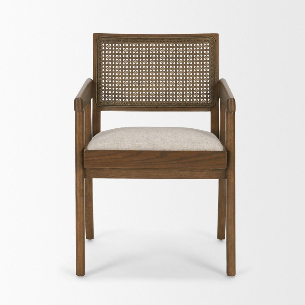 Black Leather And Solid Wood Partially Open Back Dining Arm Chair