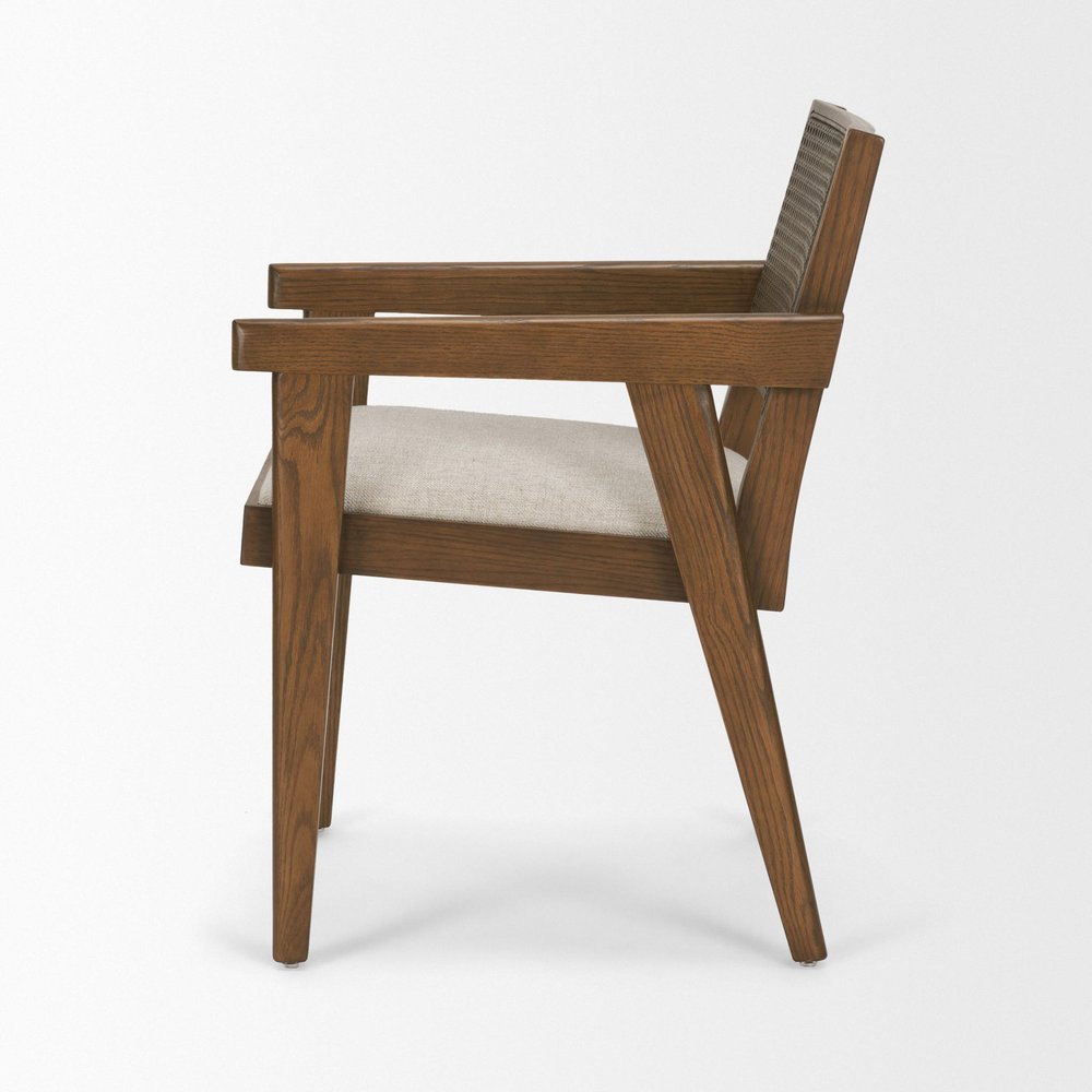 Black Leather And Solid Wood Partially Open Back Dining Arm Chair