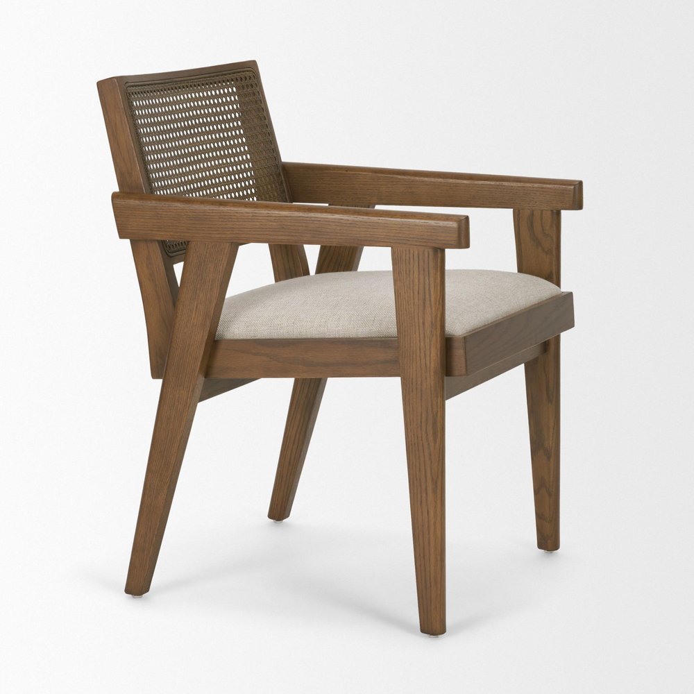 Black Leather And Solid Wood Partially Open Back Dining Arm Chair