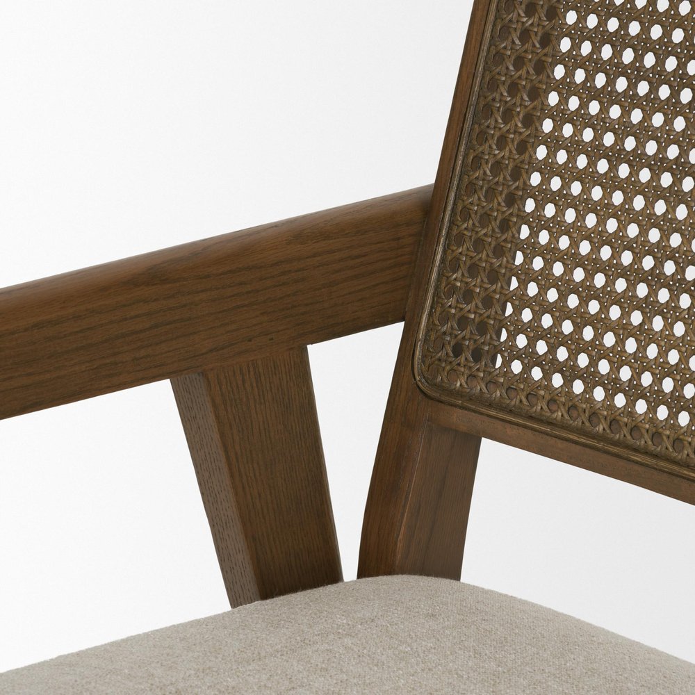 Black Leather And Solid Wood Partially Open Back Dining Arm Chair