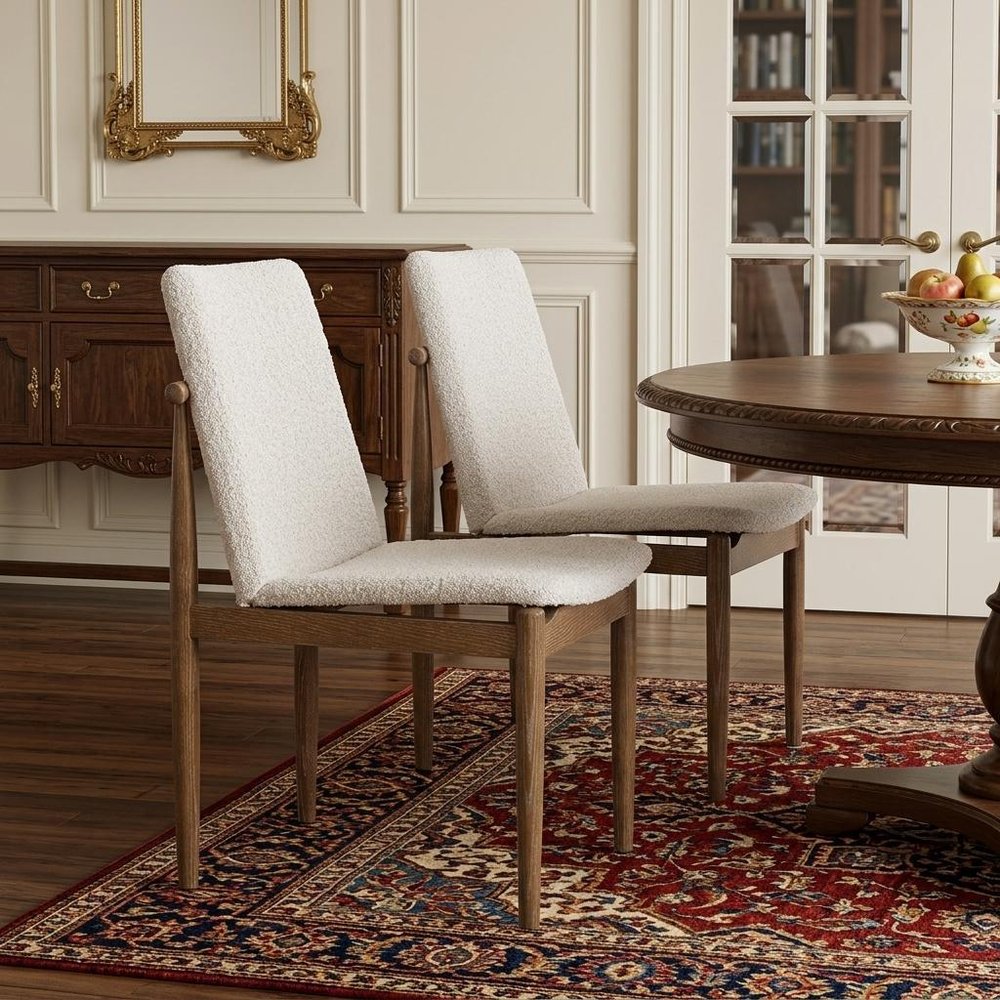 Set of Two Cream And Brown Boucle And Solid Wood Dining Side Chairs