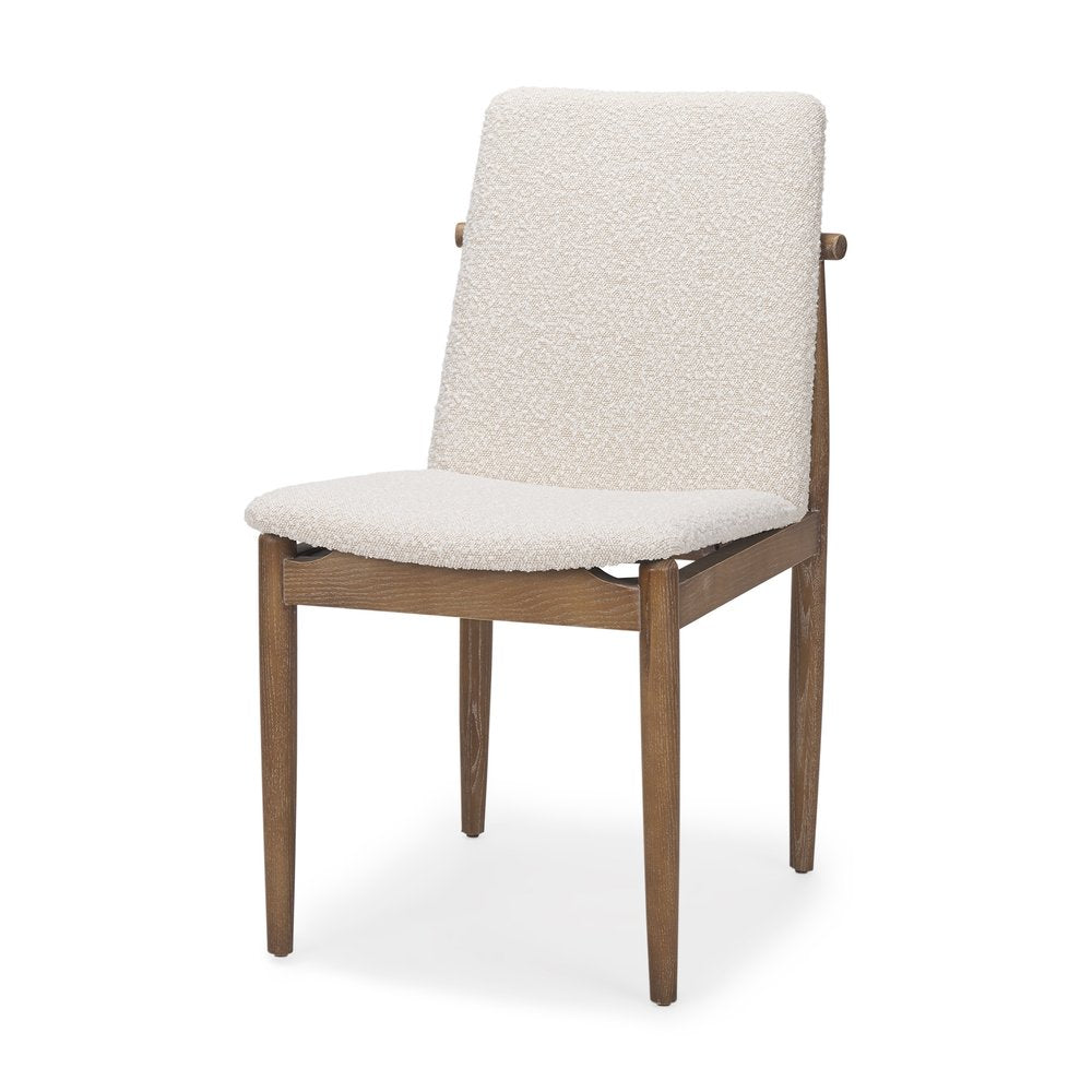 Set of Two Cream And Brown Boucle And Solid Wood Dining Side Chairs