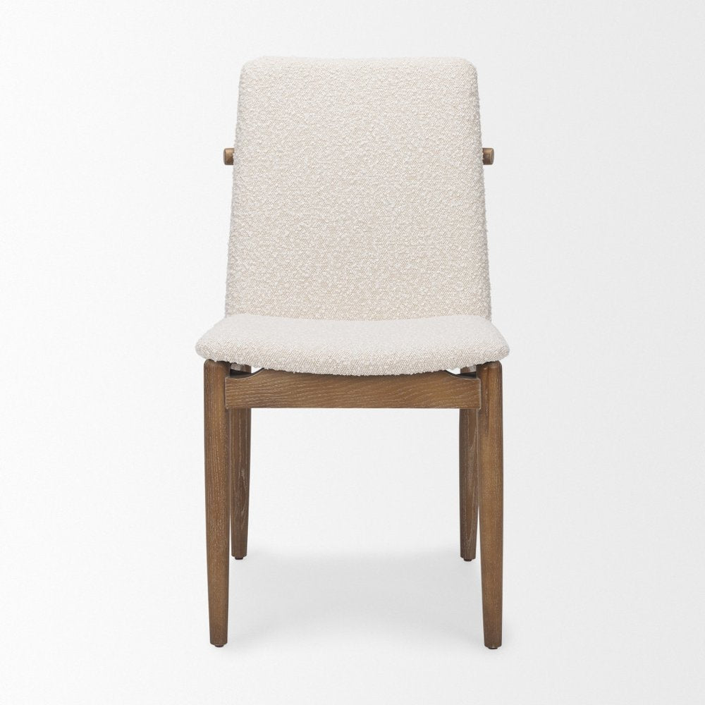 Set of Two Cream And Brown Boucle And Solid Wood Dining Side Chairs