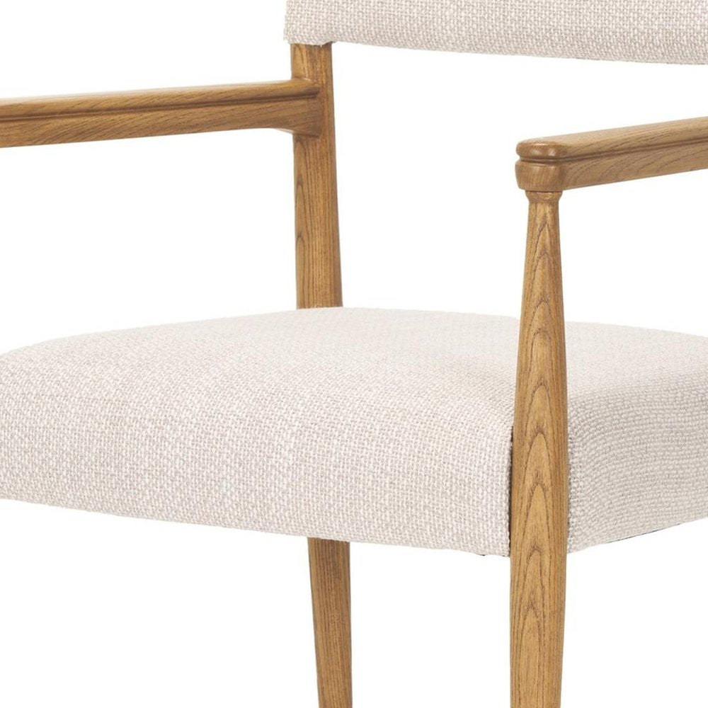 Cream And Brown Fabric And Solid Wood Open Back Dining Arm Chair