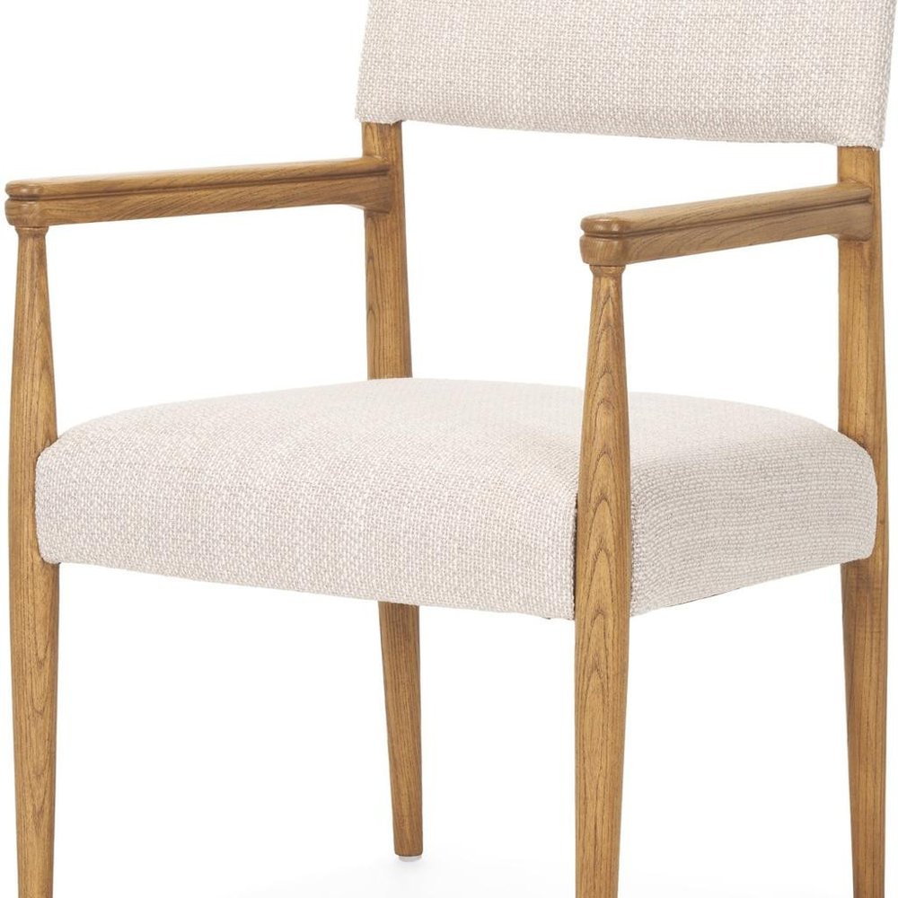 Cream And Brown Fabric And Solid Wood Open Back Dining Arm Chair