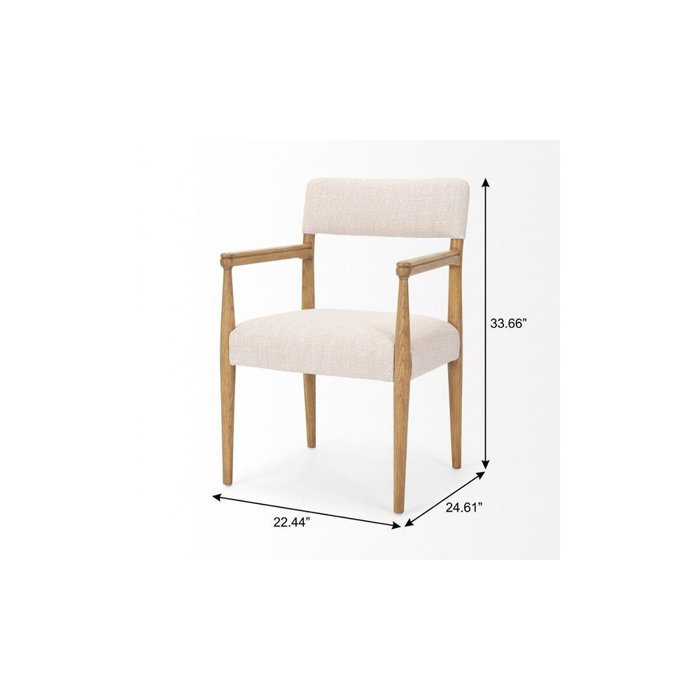 Cream And Brown Fabric And Solid Wood Open Back Dining Arm Chair