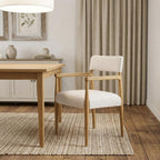 Cream And Brown Fabric And Solid Wood Open Back Dining Arm Chair